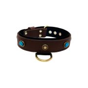 Oval blue gemstone and round carved stones in bronze finish with leather inlay – KD01060/75/40/BR/01