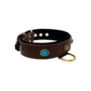 Oval blue gemstone and round carved stones in bronze finish with leather inlay – KD01060/75/40/BR/01