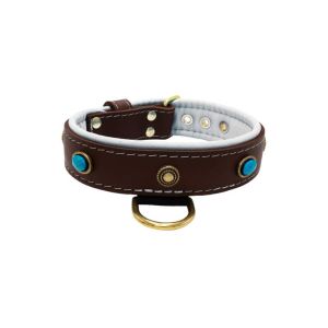 Oval blue gemstone and round carved stones in bronze finish with leather inlay – KD01060/75/40/BR/02