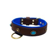Oval blue gemstone and round carved stones in bronze finish with leather inlay – KD01060/75/40/BR/03