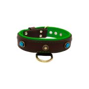 Oval blue gemstone and round carved stones in bronze finish with leather inlay – KD01060/75/40/BR/05