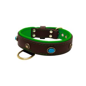 Oval blue gemstone and round carved stones in bronze finish with leather inlay – KD01060/75/40/BR/05