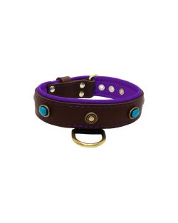 Oval blue gemstone and round carved stones in bronze finish with leather inlay - KD01060/75/40/BR/07
