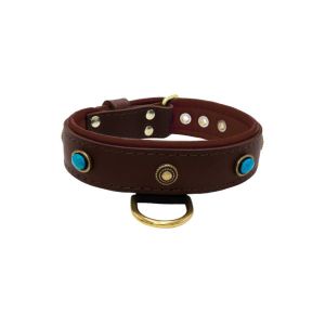 Oval blue gemstone and round carved stones in bronze finish with leather inlay – KD01060/75/40/BR/08