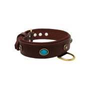 Oval blue gemstone and round carved stones in bronze finish with leather inlay – KD01060/75/40/BR/08