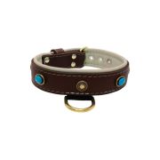 Oval blue gemstone and round carved stones in bronze finish with leather inlay – KD01060/75/40/BR/09