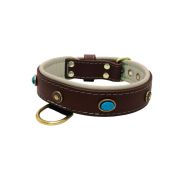 Oval blue gemstone and round carved stones in bronze finish with leather inlay – KD01060/75/40/BR/09