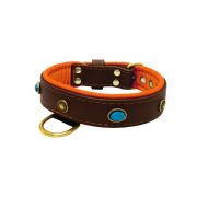 Oval blue gemstone and round carved stones in bronze finish with leather inlay – KD01060/75/40/BR/11