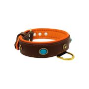 Oval blue gemstone and round carved stones in bronze finish with leather inlay – KD01060/75/40/BR/11