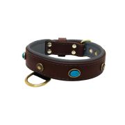 Oval blue gemstone and round carved stones in bronze finish with leather inlay – KD01060/75/40/BR/12