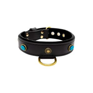 Oval blue gemstone and round carved stones in bronze finish with leather inlay – KD01060/80/40/BK/01
