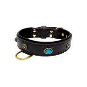 Oval blue gemstone and round carved stones in bronze finish with leather inlay – KD01060/80/40/BK/01