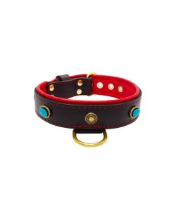 Oval blue gemstone and round carved stones in bronze finish with leather inlay - KD01060/80/40/BK/04