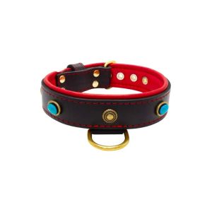 Oval blue gemstone and round carved stones in bronze finish with leather inlay – KD01060/80/40/BK/04