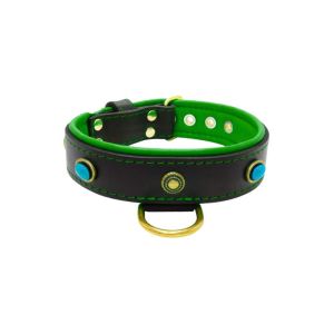 Oval blue gemstone and round carved stones in bronze finish with leather inlay – KD01060/80/40/BK/05