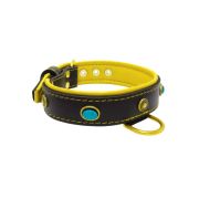 Oval blue gemstone and round carved stones in bronze finish with leather inlay – KD01060/80/40/BK/06