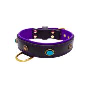Oval blue gemstone and round carved stones in bronze finish with leather inlay – KD01060/80/40/BK/07