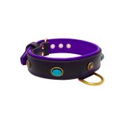 Oval blue gemstone and round carved stones in bronze finish with leather inlay – KD01060/80/40/BK/07