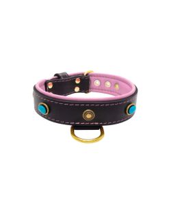 Oval blue gemstone and round carved stones in bronze finish with leather inlay - KD01060/80/40/BK/10