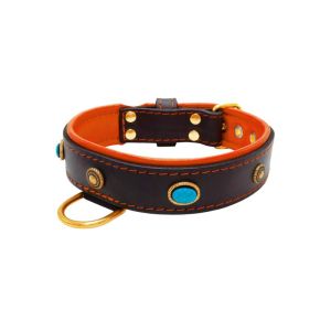 Oval blue gemstone and round carved stones in bronze finish with leather inlay – KD01060/80/40/BK/11