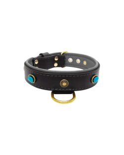 Oval blue gemstone and round carved stones in bronze finish with leather inlay - KD01060/80/40/BK/12