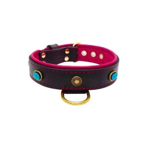 Oval blue gemstone and round carved stones in bronze finish with leather inlay – KD01060/80/40/BK/13