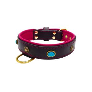 Oval blue gemstone and round carved stones in bronze finish with leather inlay – KD01060/80/40/BK/13