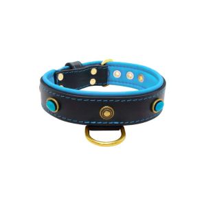 Oval blue gemstone and round carved stones in bronze finish with leather inlay – KD01060/80/40/BK/14