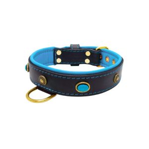 Oval blue gemstone and round carved stones in bronze finish with leather inlay – KD01060/80/40/BK/14