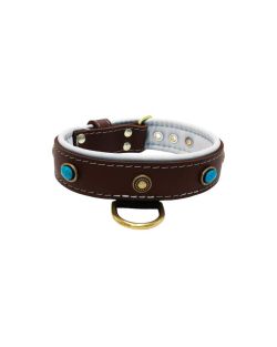Oval blue gemstone and round carved stones in bronze finish with leather inlay - KD01060/80/40/BR/02