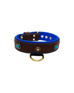 Oval blue gemstone and round carved stones in bronze finish with leather inlay - KD01060/80/40/BR/03