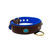 Oval blue gemstone and round carved stones in bronze finish with leather inlay – KD01060/80/40/BR/03