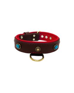 Oval blue gemstone and round carved stones in bronze finish with leather inlay - KD01060/80/40/BR/04