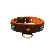 Oval blue gemstone and round carved stones in bronze finish with leather inlay – KD01060/80/40/BR/11