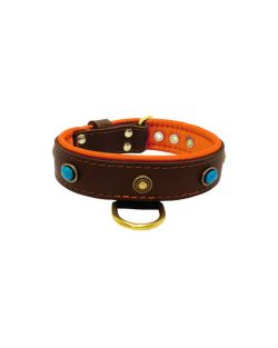 Oval blue gemstone and round carved stones in bronze finish with leather inlay - KD01060/80/40/BR/11