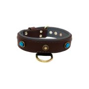 Oval blue gemstone and round carved stones in bronze finish with leather inlay – KD01060/80/40/BR/12