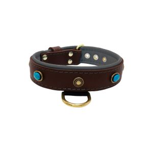 Oval blue gemstone and round carved stones in bronze finish with leather inlay – KD01060/80/40/BR/12