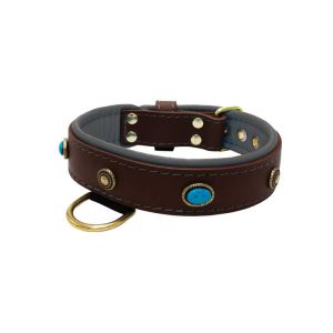 Oval blue gemstone and round carved stones in bronze finish with leather inlay – KD01060/80/40/BR/12