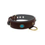 Oval blue gemstone and round carved stones in bronze finish with leather inlay – KD01060/80/40/BR/12