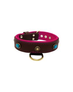 Oval blue gemstone and round carved stones in bronze finish with leather inlay - KD01060/80/40/BR/13