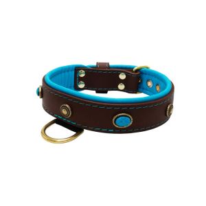 Oval blue gemstone and round carved stones in bronze finish with leather inlay – KD01060/80/40/BR/14