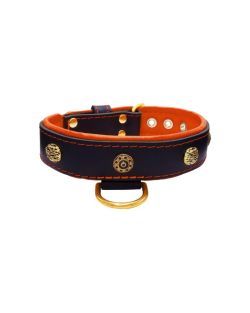 Carved round shield and oval hammered stones with leather inlay - KD01061/80/40/BK/11