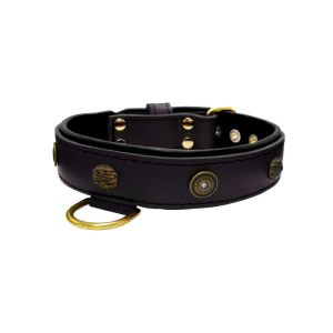 Motif with oval hammered stones and round shield with rhinestones, featuring round carved stones and leather inlay – KD01062/65/40/BK/01