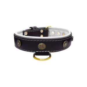 Motif with oval hammered stones and round shield with rhinestones, featuring round carved stones and leather inlay – KD01062/65/40/BK/02