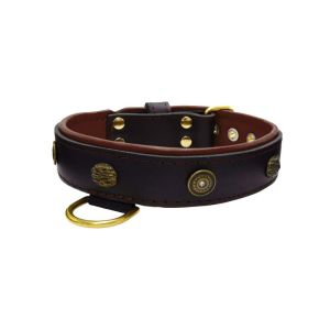 Motif with oval hammered stones and round shield with rhinestones, featuring round carved stones and leather inlay – KD01062/65/40/BK/08