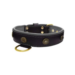 Motif with oval hammered stones and round shield with rhinestones, featuring round carved stones and leather inlay – KD01062/65/40/BK/12