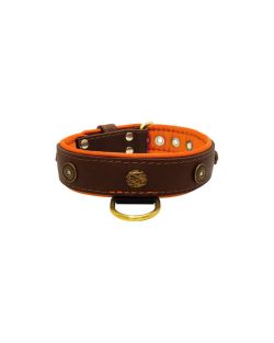 Motif with oval hammered stones and round shield with rhinestones, featuring round carved stones and leather inlay - KD01062/65/40/BR/11
