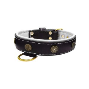 Motif with oval hammered stones and round shield with rhinestones, featuring round carved stones and leather inlay – KD01062/70/40/BK/02