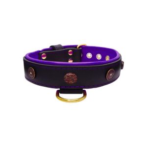 Motif with oval hammered stones and round shield with rhinestones, featuring round carved stones and leather inlay – KD01062/75/40/BK/07