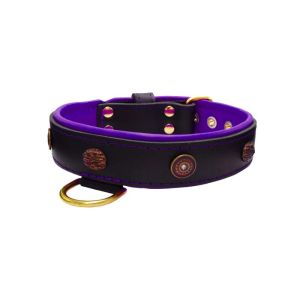 Motif with oval hammered stones and round shield with rhinestones, featuring round carved stones and leather inlay – KD01062/75/40/BK/07